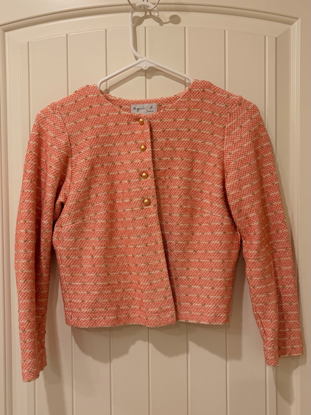 Agnes B Coral Tweed Cropped Cardigan